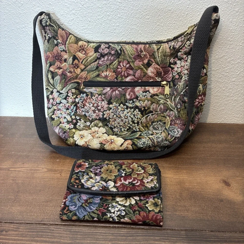 Vintage Floral Tapestry Shoulder Bag Wallet Set Multicolor Grandmacore